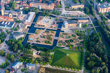 Aerial view of Park of Gronau LAGA with garden-island between channels in front of the rock'n'popmuseum in Gronau (Westfalen) in the state North Rhine-Westphalia, Germany