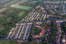 Residential area of coloured, cube-shapres, single-family design houses in settlement at shore areas in Enschede in Overijssel, Netherlands