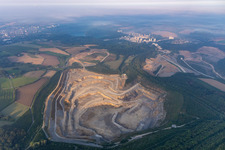 Aerial photograpy of Rütkausen opencast mine of the Lhoist Rheinkalk plant in Flandersbach in Wülfrath in the state North Rhine-Westphalia, Germany