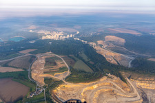 Oblique view of Rütkausen opencast mine of the Lhoist Rheinkalk plant in Flandersbach in Wülfrath in the state North Rhine-Westphalia, Germany