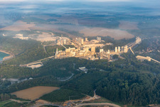 Aerial view of Site and Terrain of overburden surfaces Cement opencast mining in Wuelfrath in the state North Rhine-Westphalia, Germany