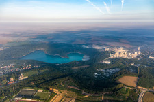 Rütkausen opencast mine of the Lhoist Rheinkalk plant in Flandersbach in Wülfrath in the state North Rhine-Westphalia, Germany seen from above