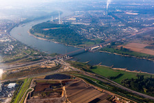 Routing and traffic lanes over the highway bridge crossing the Rhine in the motorway A 1 from Leverkusen in front of the FORD car factory in the district Niehl in Cologne in the state North Rhine-Westphalia, Germany