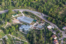 Aerial view of Terraced park Botanischer Garten, Tropicarium and Arboretum of Universitaet Tuebingen in Tuebingen in the state Baden-Wuerttemberg, Germany