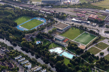 Building of sports hall Ensemble Festplatz, Freibad, Camping, Paul Horn Arena in Tuebingen in the state Baden-Wuerttemberg, Germany
