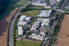 Aerial view of Industrial and commercial area with Zeltwanger Maschinenbau GmbH, EUROMASTER GmbH, BayWa r.e. Solar Energy Systems GmbH and HIMMELWERK, Hoch- and Mittelfrequenzanlagen GmbH in Tuebingen in the state Baden-Wuerttemberg, Germany