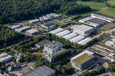 Industrial and commercial area with Akzo Nobel Powder Coatings GmbH, RET GmbH and Möbel Rieger Lager Reutlingen in the district Jettenburg in Kusterdingen in the state Baden-Wuerttemberg, Germany