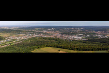 Panoramic perspective of the city area with outside districts and inner city area in Tuebingen in the state Baden-Wuerttemberg, Germany
