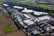 Industrial and commercial area on Baggersee with Wabra GmbH, Aicheler & Braun GmbH, Betonwerk, Flonmer Bauunternehmung, Haendle Haerterei GmbH,Beton Kemmler GmbH, in Hirschau in the state Baden-Wuerttemberg, Germany