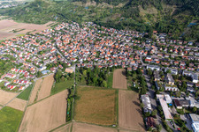 Aerial view of Village view on the edge of agricultural fields and land in Hirschau in the state Baden-Wuerttemberg, Germany