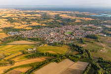 Aerial view of Village on the river bank areas of the Rhine river in Mothern in Grand Est, France