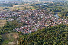 Aerial view of Village on the banks of the area Altrhein - river course in Plittersdorf in the state Baden-Wuerttemberg, Germany