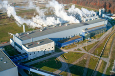 Oblique view of Palm paper mill in the Oberwald industrial area in Wörth am Rhein in the state Rhineland-Palatinate, Germany