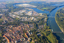 Aerial view of Overview of the Rhine harbor from the south in Germersheim in the state Rhineland-Palatinate, Germany