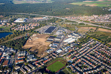 Aerial view of Industrial estate and company settlement Schuette-Lanz-Park in the district Rheinau in Bruehl in the state Baden-Wurttemberg