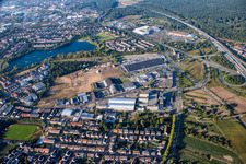 Oblique view of Schütte-Lanz-Park commercial area in Brühl in the state Baden-Wuerttemberg, Germany