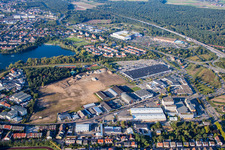 Schütte-Lanz-Park commercial area in Brühl in the state Baden-Wuerttemberg, Germany seen from a drone