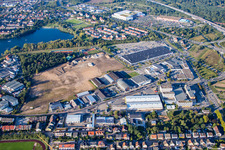 New building construction site in the industrial parkSchuette-Lanz-Park in Bruehl in the state Baden-Wurttemberg seen from above