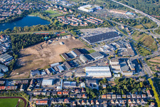 Oblique view of Schütte-Lanz-Park commercial area in Brühl in the state Baden-Wuerttemberg, Germany