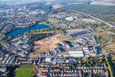 New building construction site in the industrial parkSchuette-Lanz-Park in Bruehl in the state Baden-Wurttemberg from the plane
