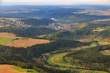 View of the town on the Main from the west in Wertheim in the state Baden-Wuerttemberg, Germany