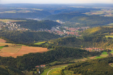 Aerial view of View of the town on the Main from the west in Wertheim in the state Baden-Wuerttemberg, Germany