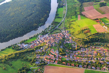 Aerial view of Village on the banks of the Main in the district Urphar in Wertheim in the state Baden-Wuerttemberg, Germany
