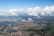 Aerial view of Town on the banks of the river of the Main river in Sand am Main in the state Bavaria, Germany