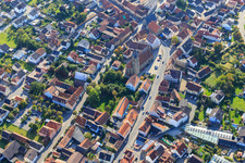 Aerial view of St. Kilian's Church Hallstadt and Town Hall Hallstadt in Hallstadt in the state Bavaria, Germany