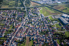 Aerial view of Town View of the streets and houses of the residential areas in Hallstadt in the state Bavaria, Germany