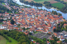 Aerial view of View of the town on the banks of the Main in Eltmann in the state Bavaria, Germany