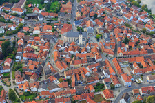 Aerial photograpy of Church of St. Michael and John the Baptist on the market square in Eltmann in the state Bavaria, Germany