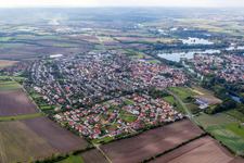 Aerial photograpy of Town on the banks of the river of the Main river in Sand am Main in the state Bavaria, Germany