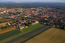 Aerial view of Landauer Straße with Volunteer Fire Department Kandel and Willi-Hussong-Haus in Kandel in the state Rhineland-Palatinate, Germany