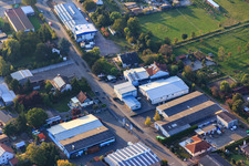 Aerial view of Industrial area Am Kleinwald from the southeast with embroidery Rieder and Getränke-Trauth GbR Owner N. & C. Lachomski in Herxheim bei Landau in the state Rhineland-Palatinate, Germany