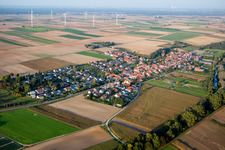 Village - view on the edge of Windmills and agricultural fields and farmland in Herxheimweyher in the state Rhineland-Palatinate, Germany