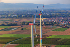 Village behind wind turbines in Offenbach an der Queich in the state Rhineland-Palatinate, Germany