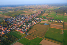 Village overview from the west in Freckenfeld in the state Rhineland-Palatinate, Germany from the plane