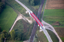 Aerial view of New construction site viaduct of the railway bridge construction crosssing the Marne-Rhine Channel in Eckwersheim in Grand Est, France