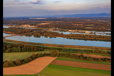 Aerial view of Rhine lock and EnBW Energie Baden-Württemberg AG, Iffezheim Rhine power plant in Beinheim in the state Bas-Rhin, France