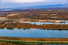 Aerial view of Rhine lock and EnBW Energie Baden-Württemberg AG, Rhine power plant Iffezheim in Iffezheim in the state Baden-Wuerttemberg, Germany