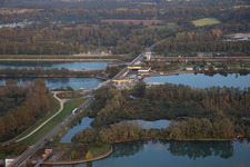Locks - plants on the banks of the waterway of the Rhine EnBW Energie Baden-Wuerttemberg AG, Rheinkraftwerk Iffezheim in Iffezheim in the state Baden-Wurttemberg, Germany from above