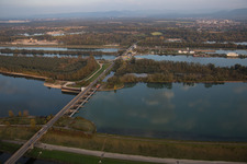 Locks - plants on the banks of the waterway of the Rhine EnBW Energie Baden-Wuerttemberg AG, Rheinkraftwerk Iffezheim in Iffezheim in the state Baden-Wurttemberg, Germany out of the air