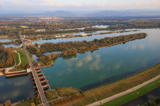Aerial view of Rhine lock Iffezheim with bridge to France in Iffezheim in the state Baden-Wuerttemberg, Germany