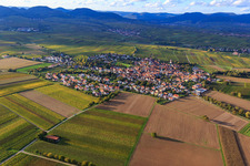 View of the town between autumnal vineyards from the southeast in the district Mörzheim in Landau in der Pfalz in the state Rhineland-Palatinate, Germany