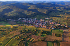 Aerial view of Village view between autumnal vineyards from the south in Oberotterbach in the state Rhineland-Palatinate, Germany