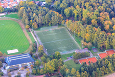 Stadium of TuS 1908 Schaidt on the edge of the Bienwald from the south in the district Schaidt in Wörth am Rhein in the state Rhineland-Palatinate, Germany