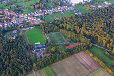 Aerial view of Stadium of TuS 1908 Schaidt on the edge of the Bienwald from the south in the district Schaidt in Wörth am Rhein in the state Rhineland-Palatinate, Germany