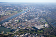 Oblique view of From the north in the district BASF in Ludwigshafen am Rhein in the state Rhineland-Palatinate, Germany
