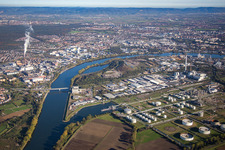 Aerial photograpy of Bonadieshafen, Friesenheim Island in the district Neckarstadt-West in Mannheim in the state Baden-Wuerttemberg, Germany